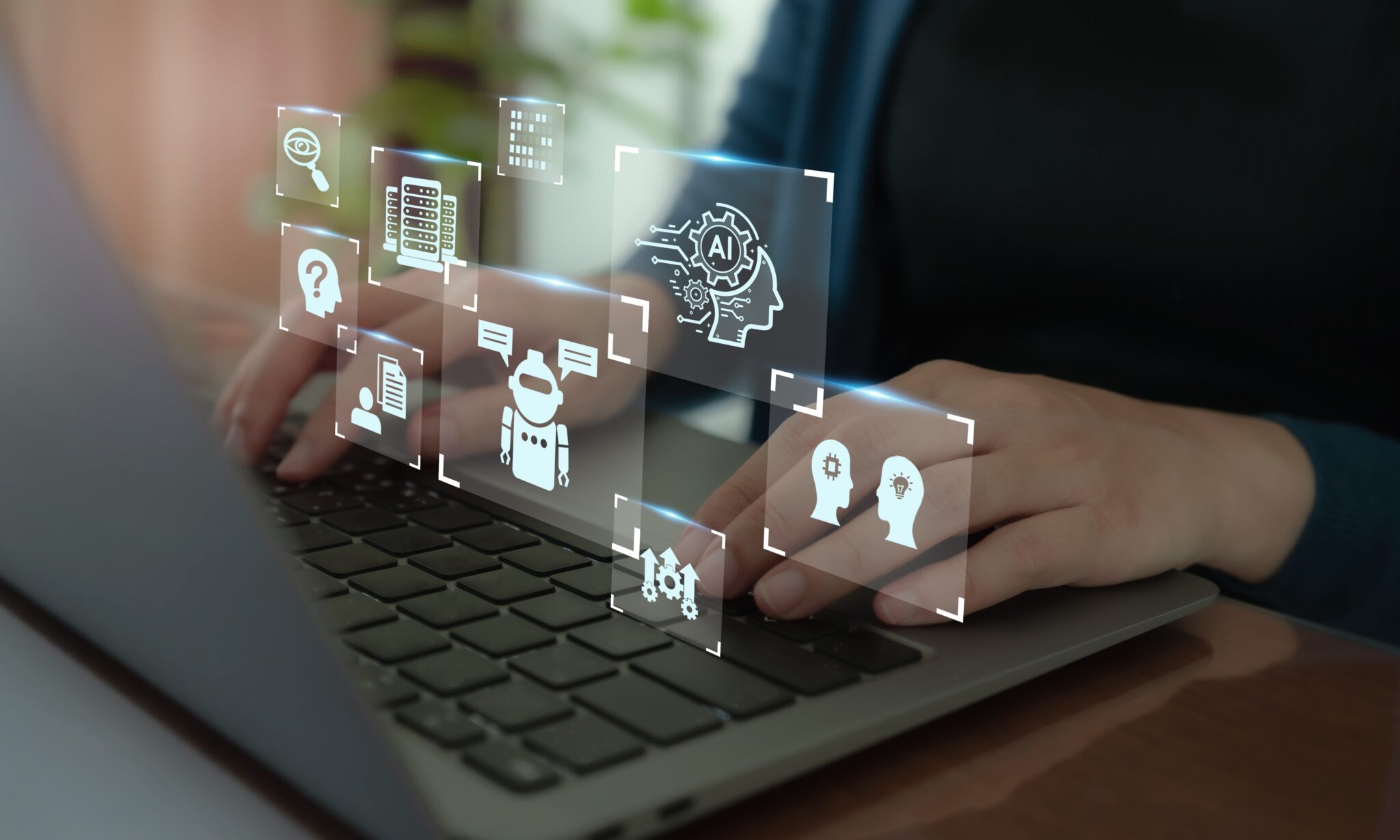 Person on a computer with Artificial Intelligence elements popping out